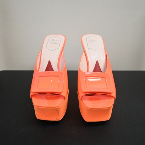 ROGER VIVIER Neon Orange Buckle Platform Heels Size 38 - Picture 2 of 12